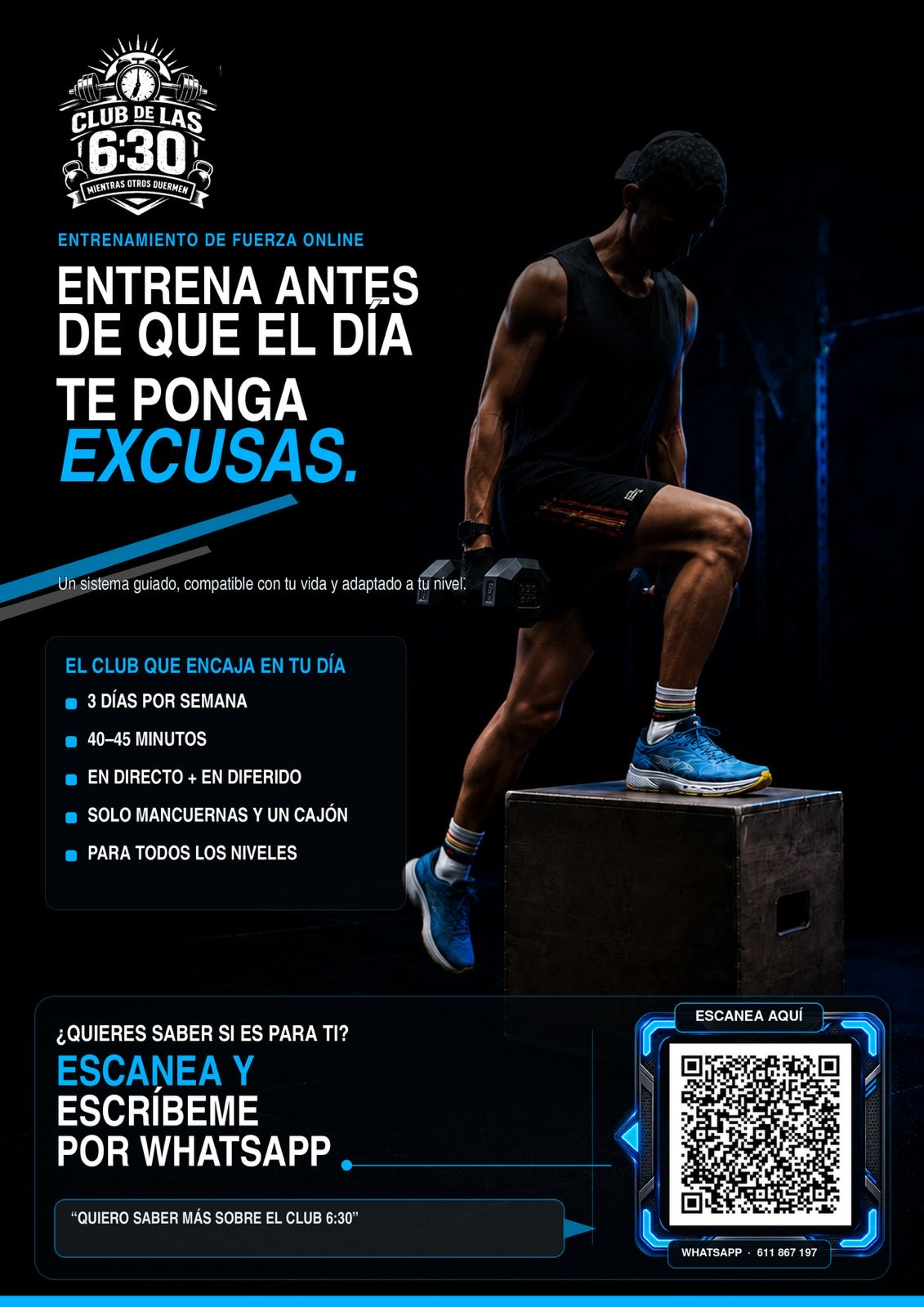 Cartel del Club de las 6:30: entrenamiento de fuerza online tres días por semana